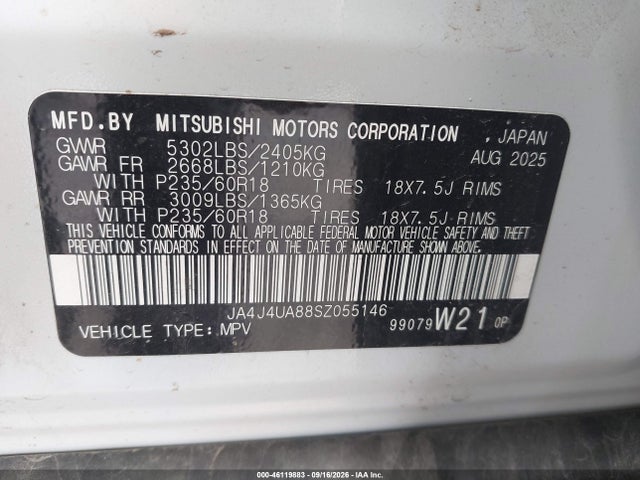46119883 :رقم المزاد ، JA4J4UA88SZ055146 vin ، 2025 Mitsubishi Outlander Es 2.5 S-awc مزاد بيع