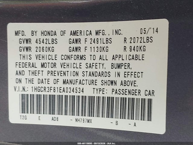 2014 Honda Accord Ex-l V-6 მანქანა იყიდება აუქციონზე, vin: 1HGCR3F81EA034534, აუქციონის ნომერი: 46119895
