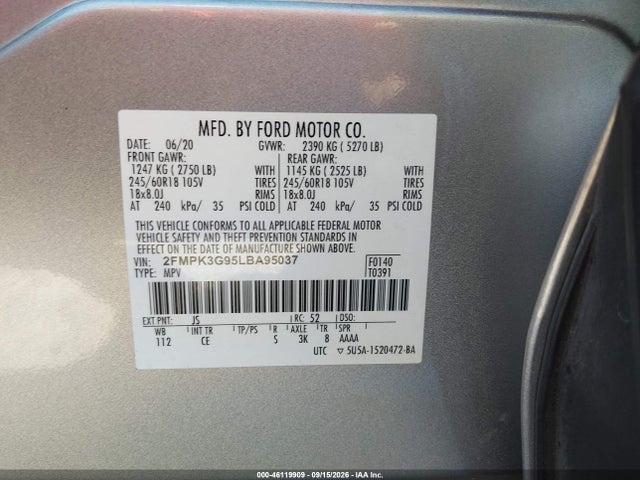 46119909 :رقم المزاد ، 2FMPK3G95LBA95037 vin ، 2020 Ford Edge Se مزاد بيع