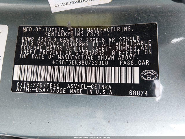 2011 Toyota Camry Le მანქანა იყიდება აუქციონზე, vin: 4T1BF3EK8BU723900, აუქციონის ნომერი: 46119917