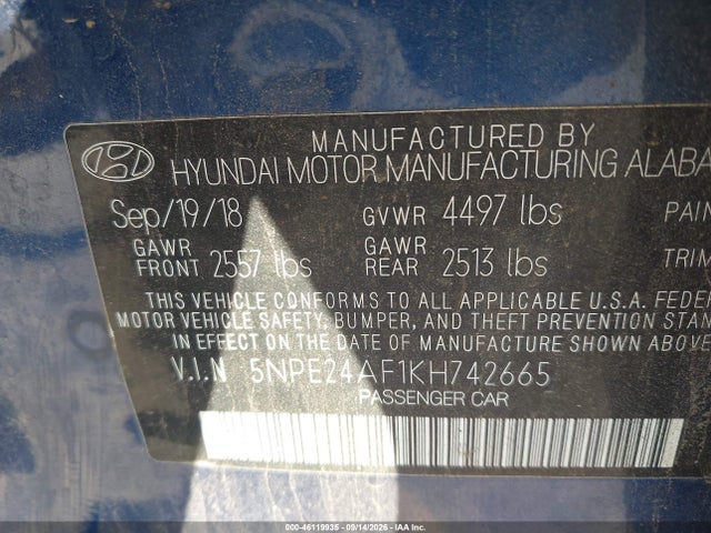 46119935 :رقم المزاد ، 5NPE24AF1KH742665 vin ، 2019 Hyundai Sonata Se مزاد بيع