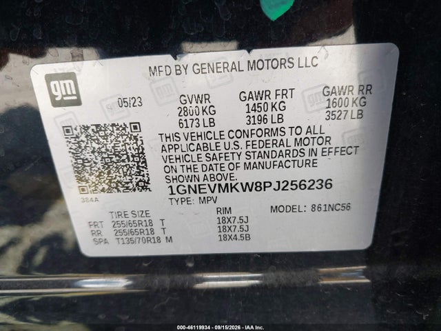 2023 Chevrolet Traverse Awd 2fl Cloth მანქანა იყიდება აუქციონზე, vin: 1GNEVMKW8PJ256236, აუქციონის ნომერი: 46119934