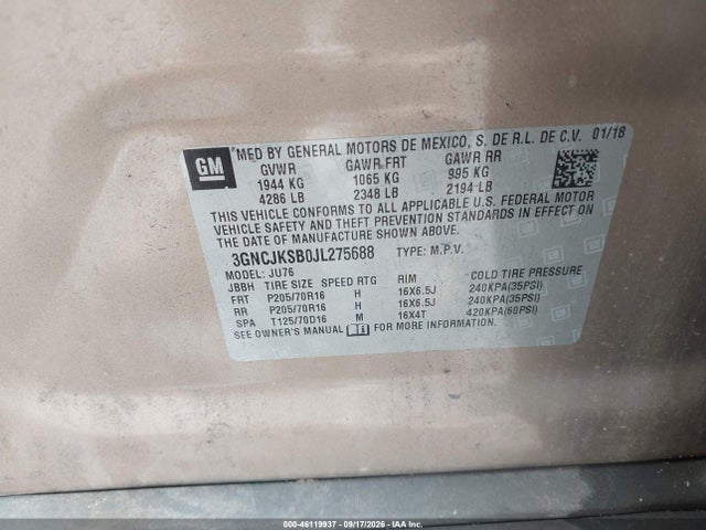 Aukcja sprzedaży 2018 Chevrolet Trax Ls, vin: 3GNCJKSB0JL275688, numer aukcji: 46119937