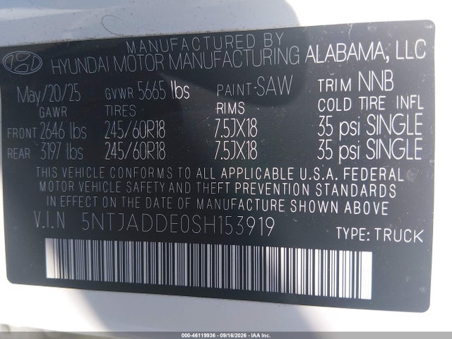 Продаж на аукціоні авто 2025 Hyundai Santa Cruz Se, vin: 5NTJADDE0SH153919, номер лоту: 46119936