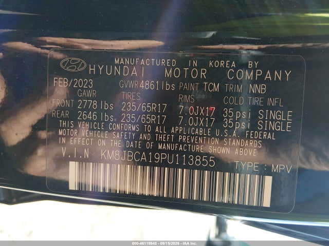 Aukcja sprzedaży 2023 Hyundai Tucson Hybrid Blue, vin: KM8JBCA19PU113855, numer aukcji: 46119940