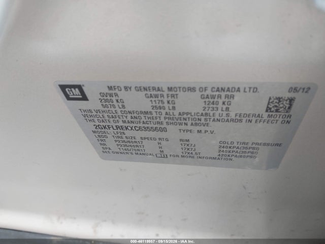 46119957 :رقم المزاد ، 2GKFLREKXC6355600 vin ، 2012 Gmc Terrain Sle-1 مزاد بيع