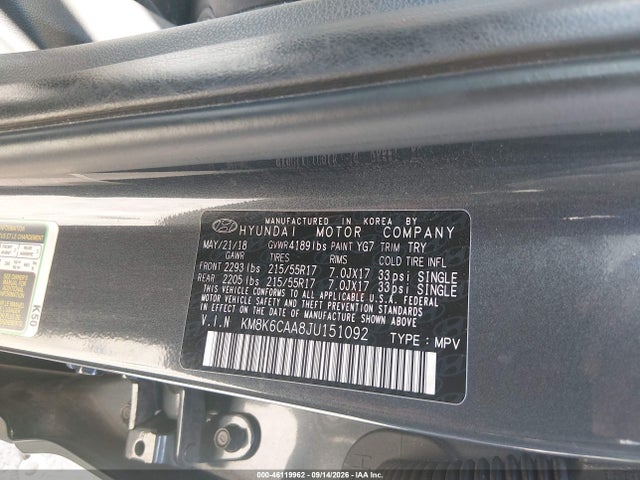 2018 Hyundai Kona Sel მანქანა იყიდება აუქციონზე, vin: KM8K6CAA8JU151092, აუქციონის ნომერი: 46119962