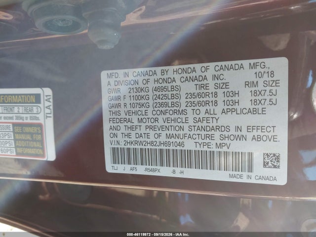 46119972 :رقم المزاد ، 2HKRW2H82JH691046 vin ، 2018 Honda Cr-v Ex-l/ex-l Navi مزاد بيع