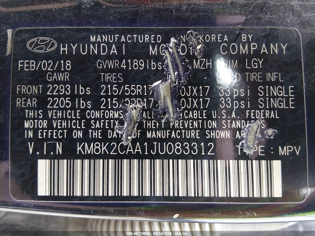46119988 :رقم المزاد ، KM8K2CAA1JU083312 vin ، 2018 Hyundai Kona Sel مزاد بيع
