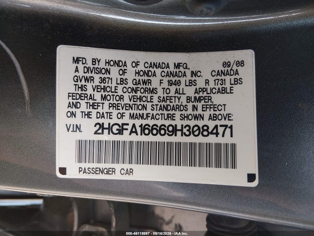 Aukcja sprzedaży 2009 Honda Civic Lx-s, vin: 2HGFA16669H308471, numer aukcji: 46119997