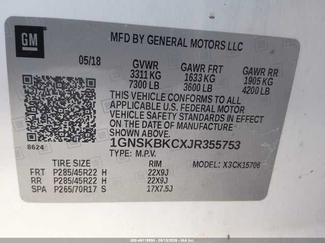 Aukcja sprzedaży 2018 Chevrolet Tahoe Lt, vin: 1GNSKBKCXJR355753, numer aukcji: 46119998