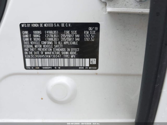 2019 Honda Hr-v Ex მანქანა იყიდება აუქციონზე, vin: 3CZRU6H53KM730347, აუქციონის ნომერი: 46120000