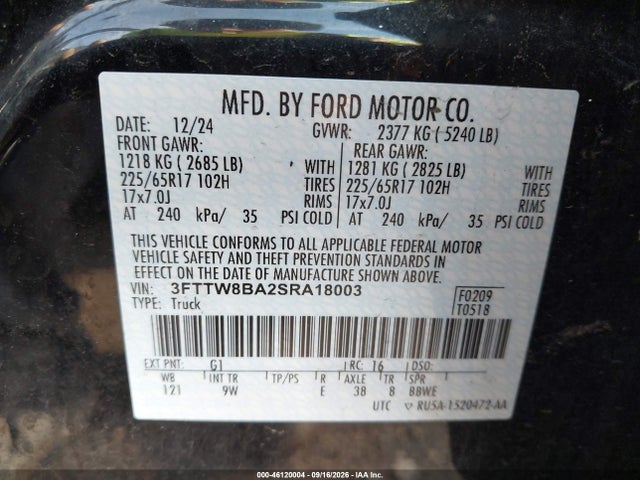 46120004 :رقم المزاد ، 3FTTW8BA2SRA18003 vin ، 2025 Ford Maverick Xl مزاد بيع