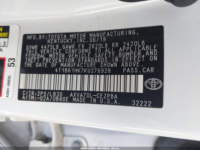 Aukcja sprzedaży 2019 Toyota Camry Xse, vin: 4T1B61HK7KU276928, numer aukcji: 46120010