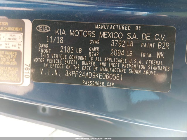Aukcja sprzedaży 2019 Kia Forte Lxs, vin: 3KPF24AD9KE060561, numer aukcji: 46120015