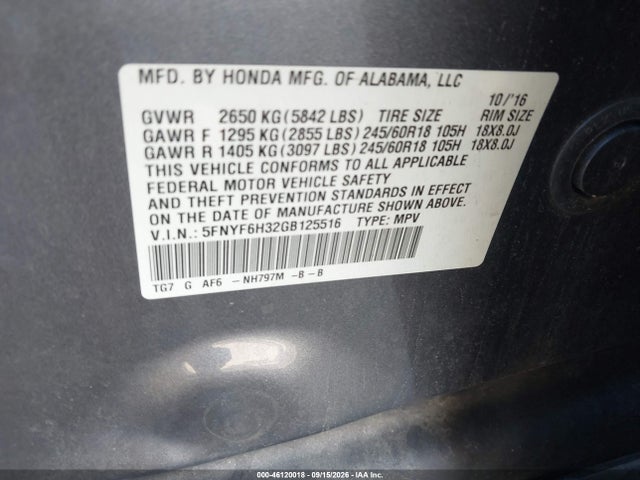 Продаж на аукціоні авто 2016 Honda Pilot Ex, vin: 5FNYF6H32GB125516, номер лоту: 46120018