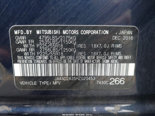 Aukcja sprzedaży 2017 Mitsubishi Outlander Es, vin: JA4AD2A35HZ020453, numer aukcji: 46120022