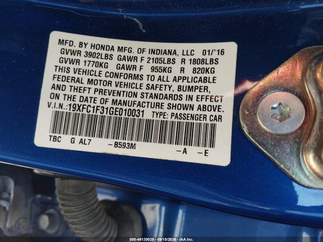 2016 Honda Civic Ex-t მანქანა იყიდება აუქციონზე, vin: 19XFC1F31GE010031, აუქციონის ნომერი: 46120028