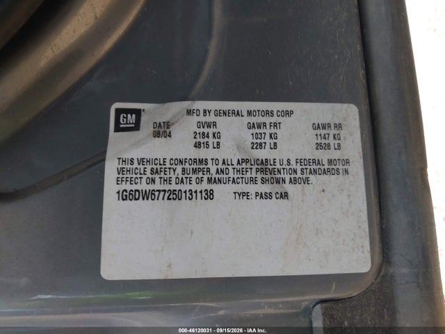 2005 Cadillac Sts V6 მანქანა იყიდება აუქციონზე, vin: 1G6DW677250131138, აუქციონის ნომერი: 46120031