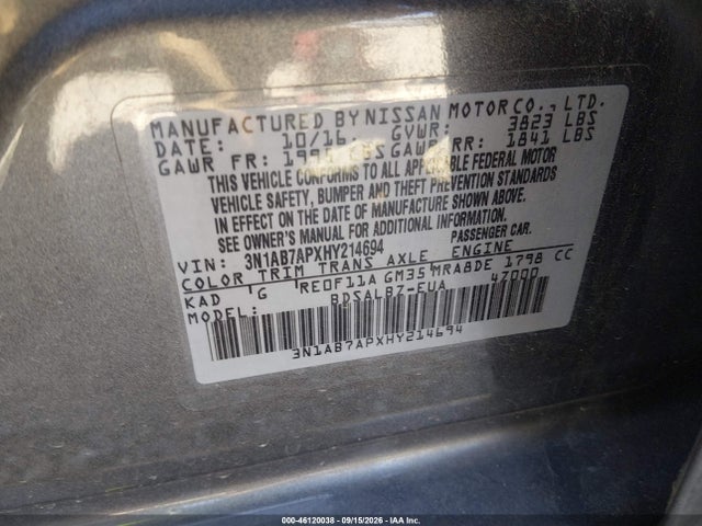 46120038 :رقم المزاد ، 3N1AB7APXHY214694 vin ، 2017 Nissan Sentra S مزاد بيع