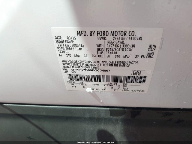 Aukcja sprzedaży 2015 Ford Explorer Xlt, vin: 1FM5K7D89FGC34867, numer aukcji: 46120053