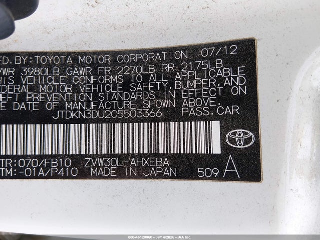 Aukcja sprzedaży 2012 Toyota Prius Two, vin: JTDKN3DU2C5503366, numer aukcji: 46120060