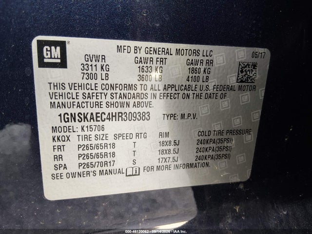 Продажа на аукционе авто 2017 Chevrolet Tahoe Ls, vin: 1GNSKAEC4HR309383, номер лота: 46120062