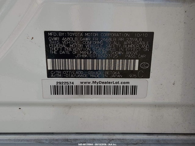 46120064 :رقم المزاد ، JTHBK1EG1B2423125 vin ، 2011 Lexus Es 350 مزاد بيع