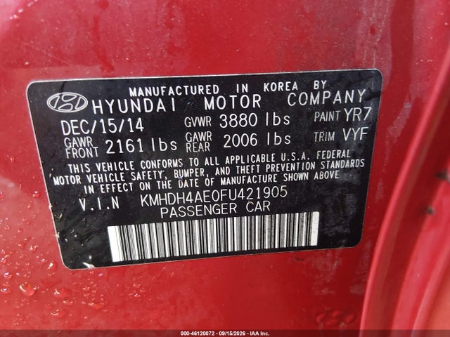 46120072 :رقم المزاد ، KMHDH4AE0FU421905 vin ، 2015 Hyundai Elantra Se مزاد بيع