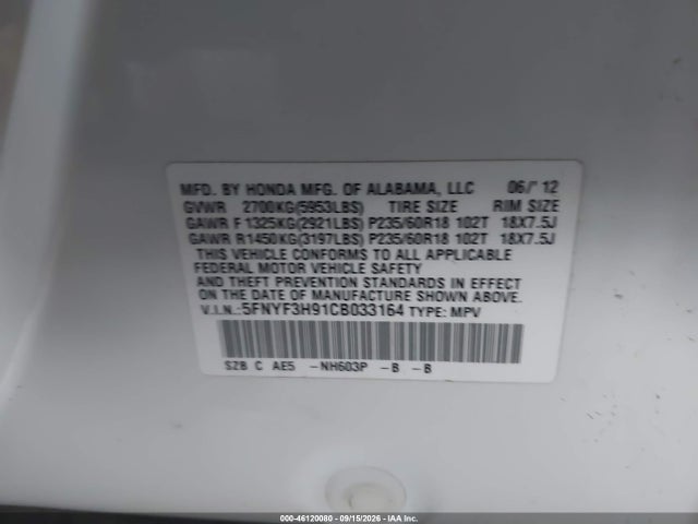 Aukcja sprzedaży 2012 Honda Pilot Touring, vin: 5FNYF3H91CB033164, numer aukcji: 46120080