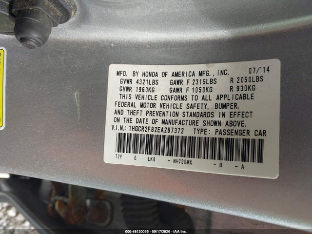 46120095 :رقم المزاد ، 1HGCR2F82EA287372 vin ، 2014 Honda Accord Ex-l مزاد بيع