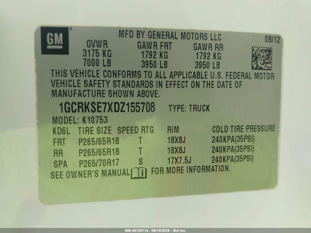 Продажа на аукционе авто 2013 Chevrolet Silverado 1500 Lt, vin: 1GCRKSE7XDZ155708, номер лота: 46120114