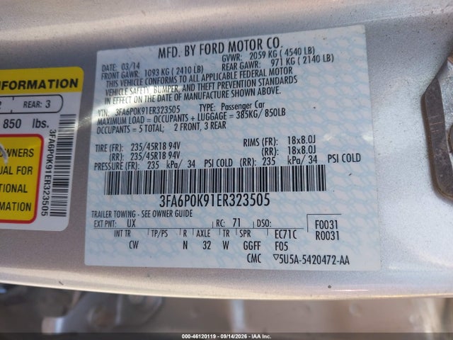 Aukcja sprzedaży 2014 Ford Fusion Titanium, vin: 3FA6P0K91ER323505, numer aukcji: 46120119