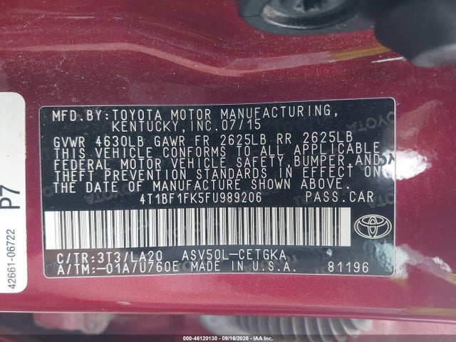 2015 Toyota Camry Xle მანქანა იყიდება აუქციონზე, vin: 4T1BF1FK5FU989206, აუქციონის ნომერი: 46120130