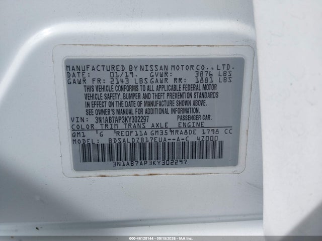 46120144 :رقم المزاد ، 3N1AB7AP3KY302297 vin ، 2019 Nissan Sentra Sv مزاد بيع