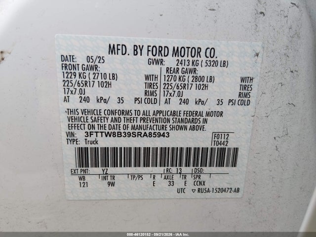 Auction sale of the 2025 Ford Maverick Xl, vin: 3FTTW8B39SRA85943, lot number: 46120152