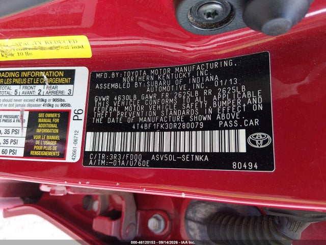 46120153 :رقم المزاد ، 4T4BF1FK3DR280079 vin ، 2013 Toyota Camry Le مزاد بيع