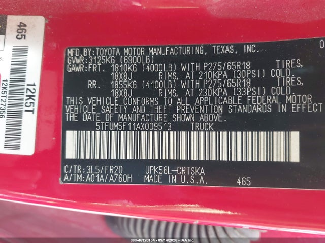 46120154 :رقم المزاد ، 5TFUM5F11AX009513 vin ، 2010 Toyota Tundra Grade 4.6l V8 مزاد بيع