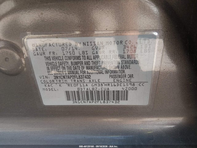 46120160 :رقم المزاد ، 3N1CN7AP2FL837432 vin ، 2015 Nissan Versa 1.6 Sv مزاد بيع