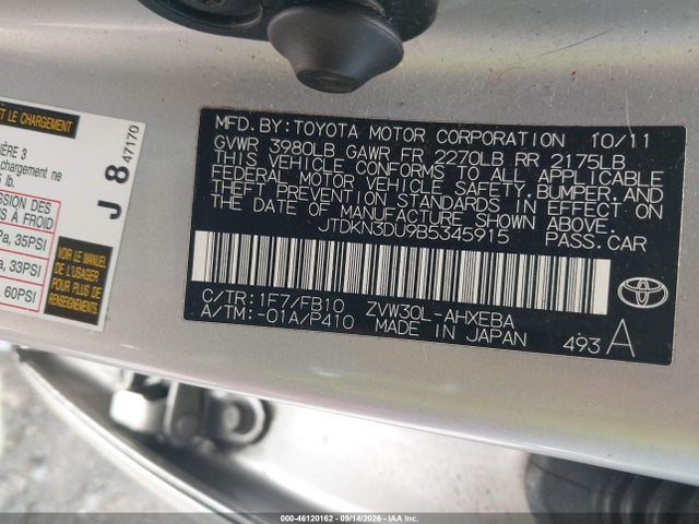Aukcja sprzedaży 2011 Toyota Prius Two, vin: JTDKN3DU9B5345915, numer aukcji: 46120162