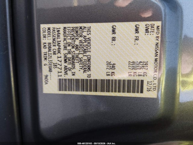 Aukcja sprzedaży 2017 Nissan Altima 2.5 Sv, vin: 1N4AL3AP4HC177711, numer aukcji: 46120163