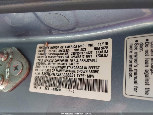 Aukcja sprzedaży 2011 Honda Cr-v Ex-l, vin: 5J6RE4H7XBL026831, numer aukcji: 46120166