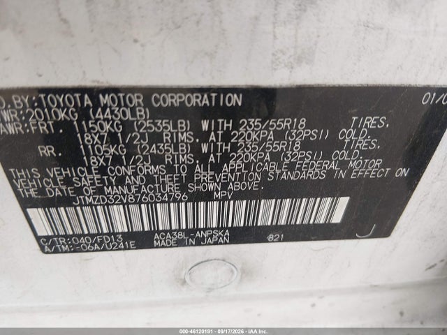 46120191 :رقم المزاد ، JTMZD32V876034796 vin ، 2007 Toyota Rav4 Sport مزاد بيع