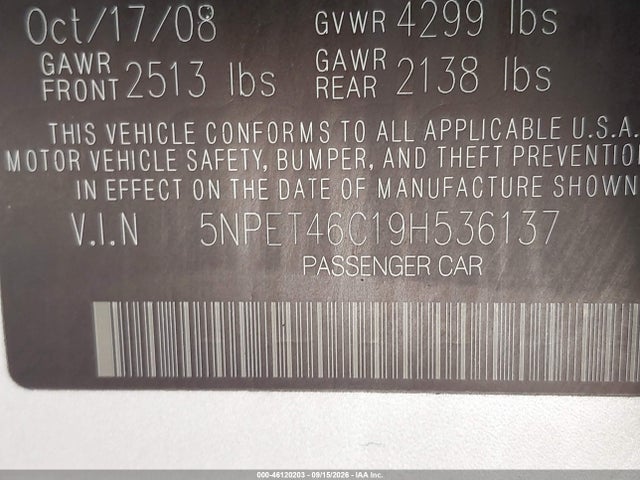 46120203 :رقم المزاد ، 5NPET46C19H536137 vin ، 2009 Hyundai Sonata Gls مزاد بيع