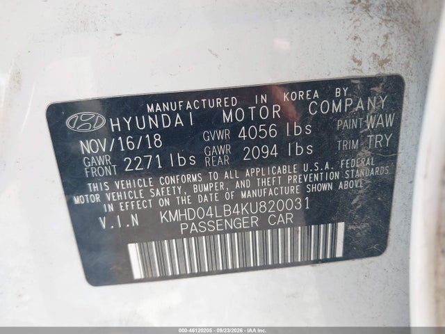 Aukcja sprzedaży 2019 Hyundai Elantra Sport, vin: KMHD04LB4KU820031, numer aukcji: 46120205