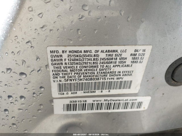 Aukcja sprzedaży 2016 Honda Pilot Ex-l, vin: 5FNYF5H74GB038715, numer aukcji: 46120207