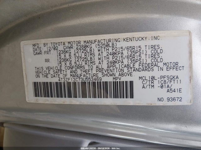 Продажа на аукционе авто 2003 Toyota Sienna Le, vin: 4T3ZF13C73U553469, номер лота: 46120220