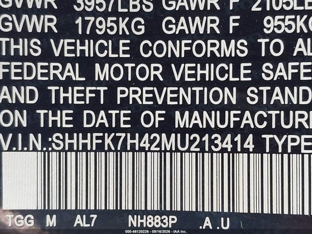 46120226 :رقم المزاد ، SHHFK7H42MU213414 vin ، 2021 Honda Civic Sport مزاد بيع