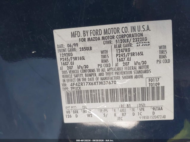 46120230 :رقم المزاد ، 4F4ZR17X6XTM37670 vin ، 1999 Mazda B4000 Se/tl مزاد بيع