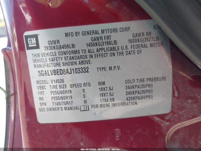 Продаж на аукціоні авто 2010 Buick Enclave 1xl, vin: 5GALVBED8AJ103332, номер лоту: 46120250
